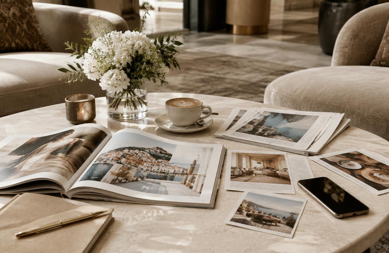 Magazine und Pressemappe auf einem Tisch in einer Hotellobby